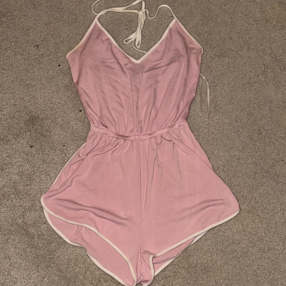 Pink Stretchy Kawaii Women's Medium Romper White Trim